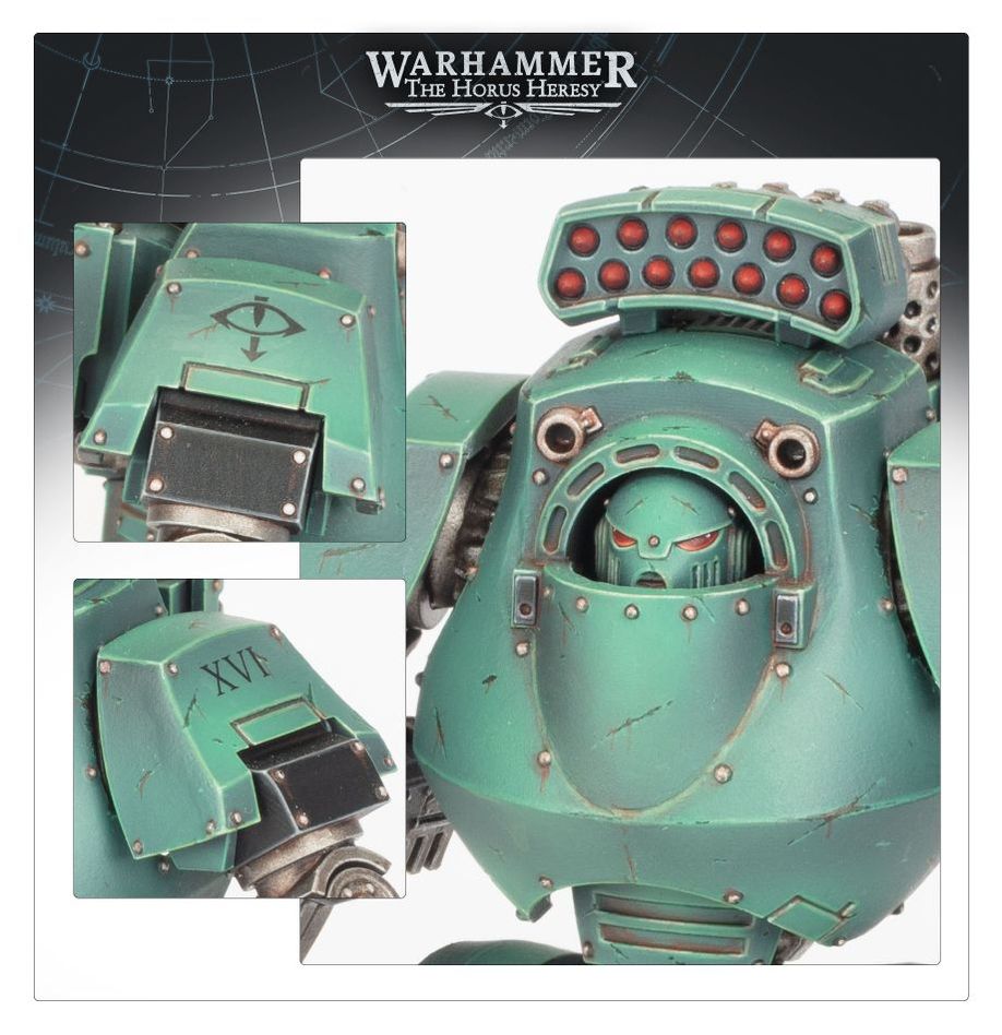 Close-up promo panel of the green Contemptor Dreadnought's sarcophagus, searchlights and XVI marking