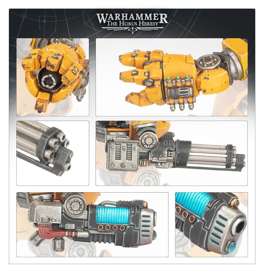 Contemptor Dreadnought promo panel showing yellow power fist, assault cannon and plasma cannon close-ups