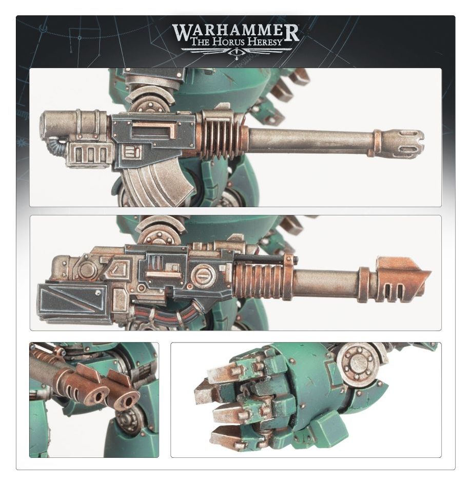 Promo panel of green Contemptor weapon arms, including long-barrelled cannons and a power fist