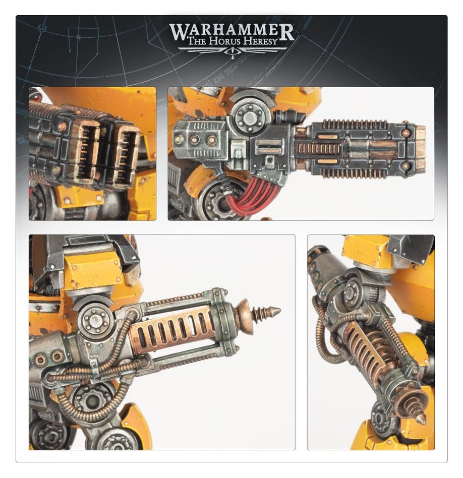 Contemptor promo panel with close-ups of volkite and conversion beam weapon options in yellow