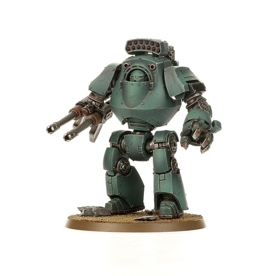 Painted Contemptor Dreadnought in Sons of Horus sea green with a twin-barrelled cannon arm