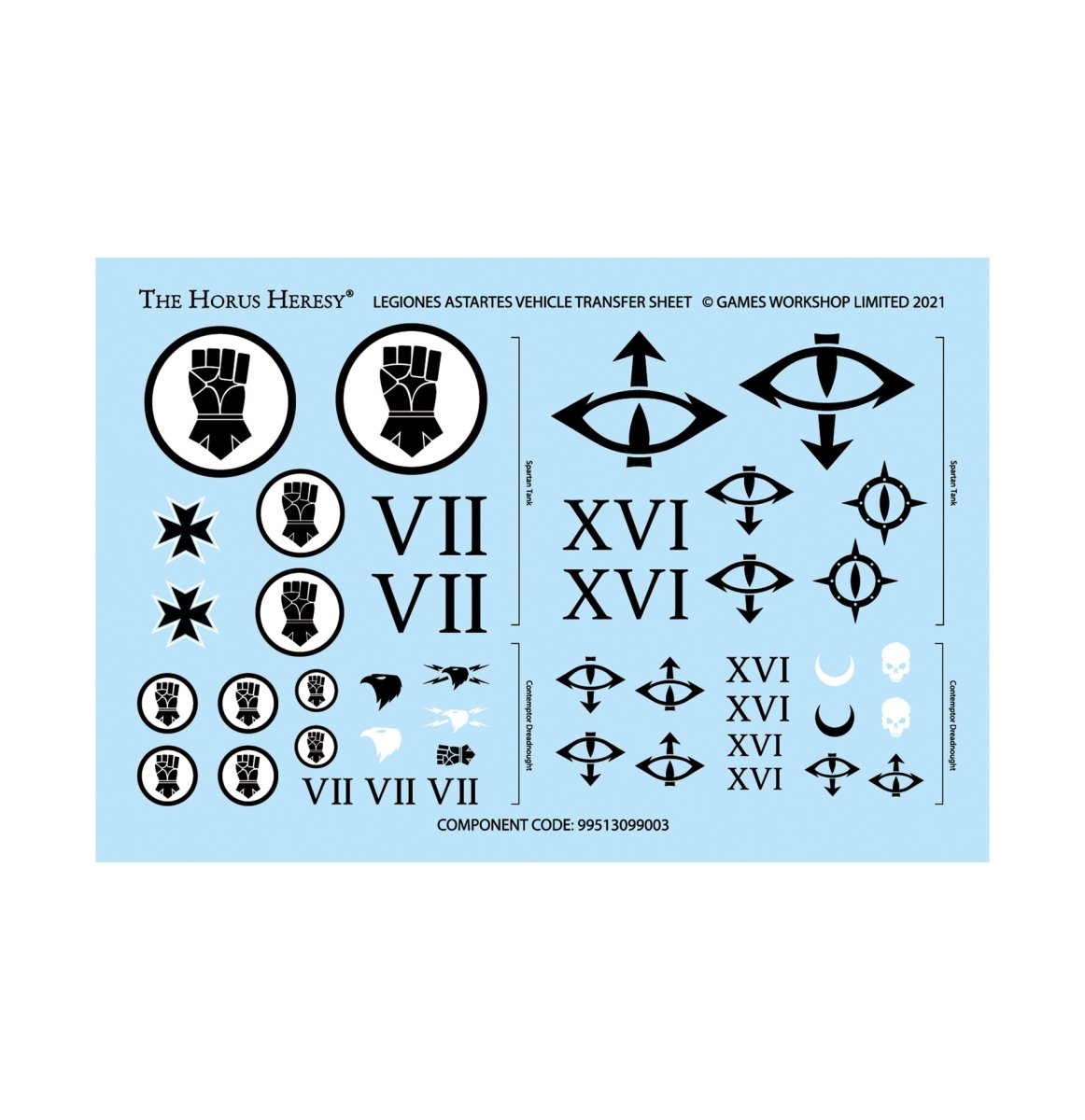 Horus Heresy Legiones Astartes vehicle transfer sheet with legion symbols and numerals