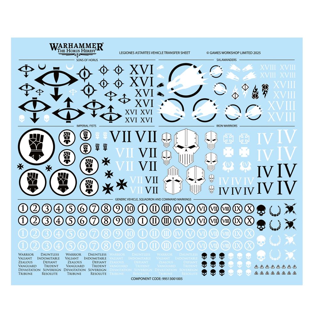 Legiones Astartes vehicle transfer sheet with Legion numerals and icons