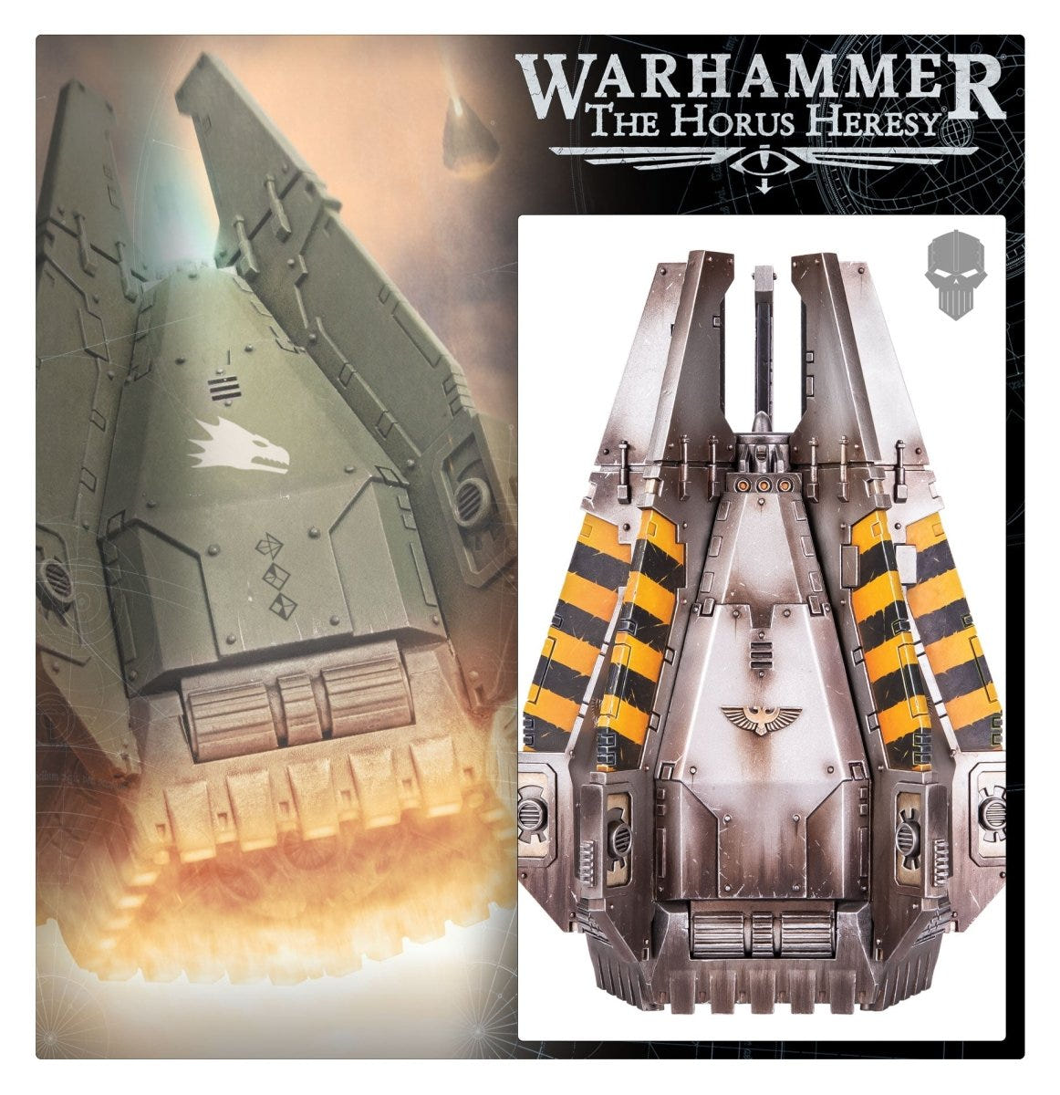 Drop Pod box artwork beside the painted model, Games Workshop Horus Heresy