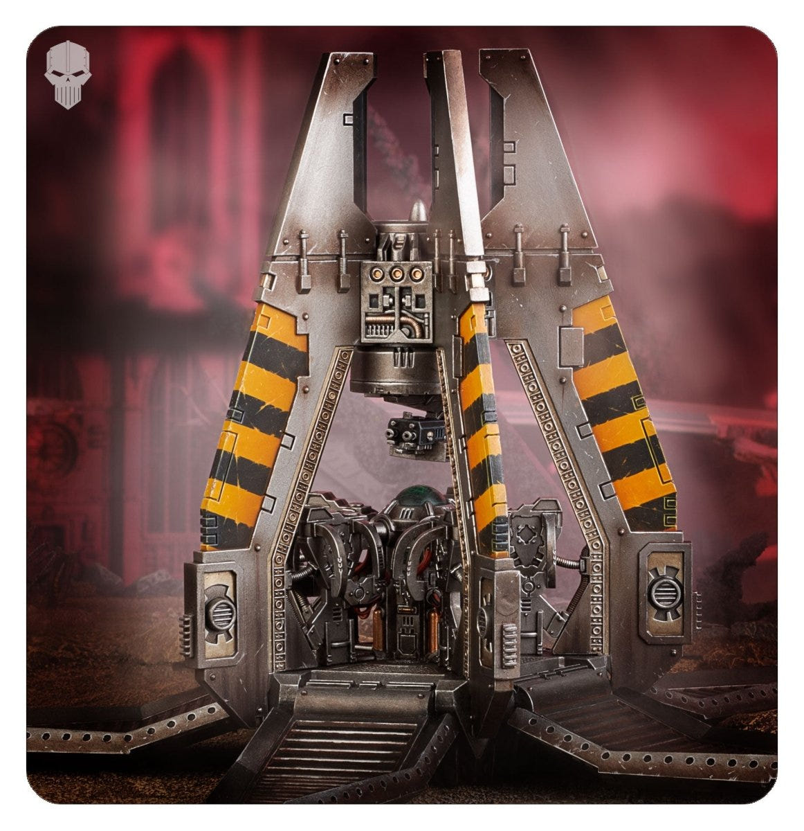 Painted Legiones Astartes Drop Pod with open doors on a dramatic red backdrop