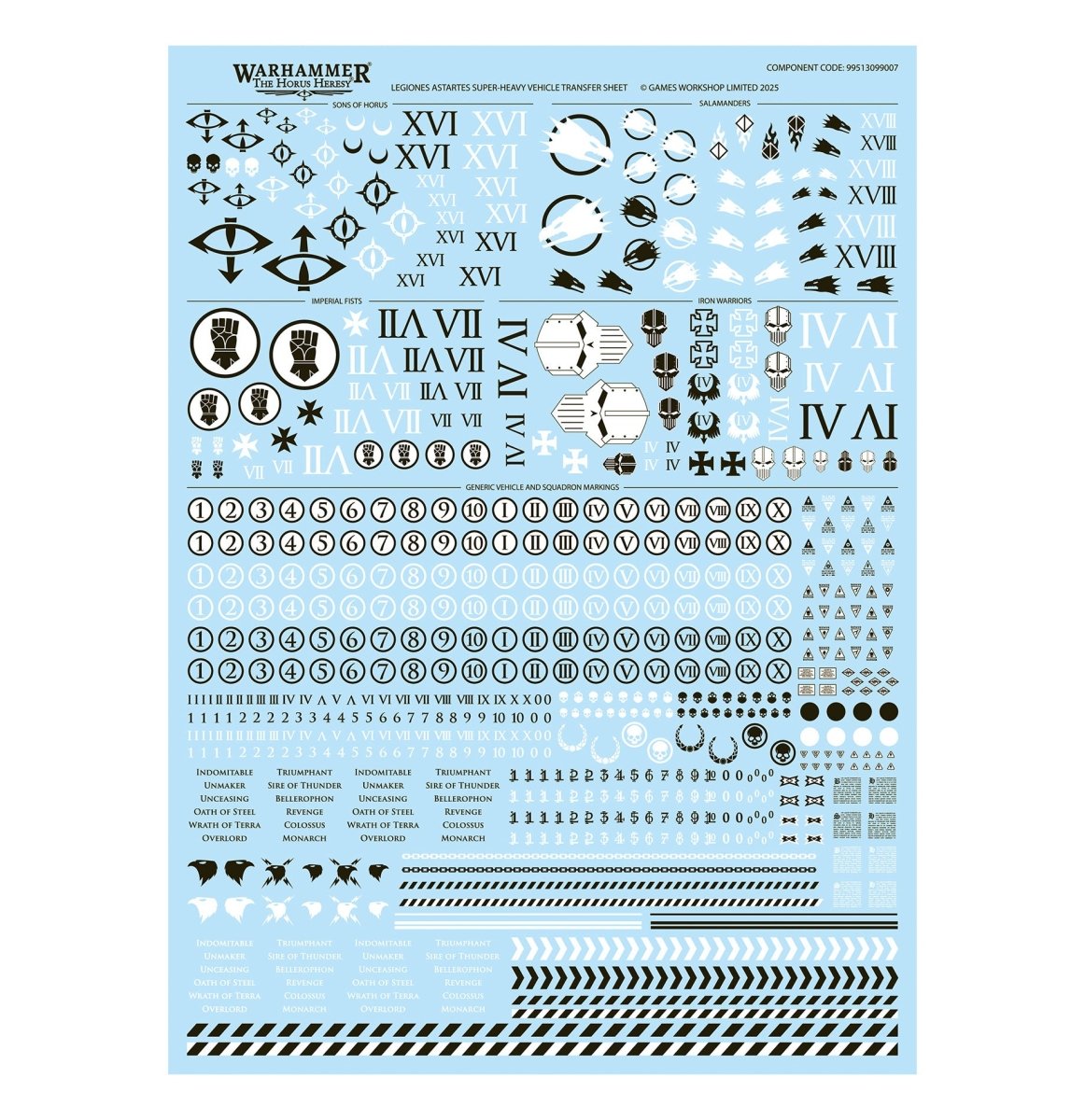 Horus Heresy Legiones Astartes transfer sheet with Legion numerals and heraldry