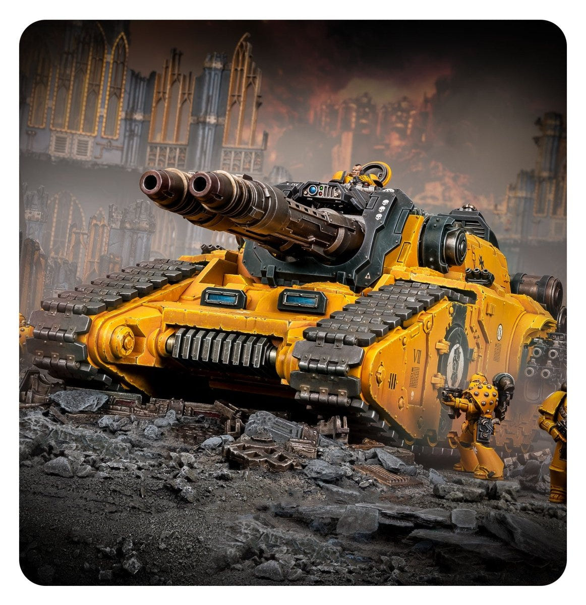 Falchion Super-Heavy Tank Destroyer advancing through a ruined battlefield scene