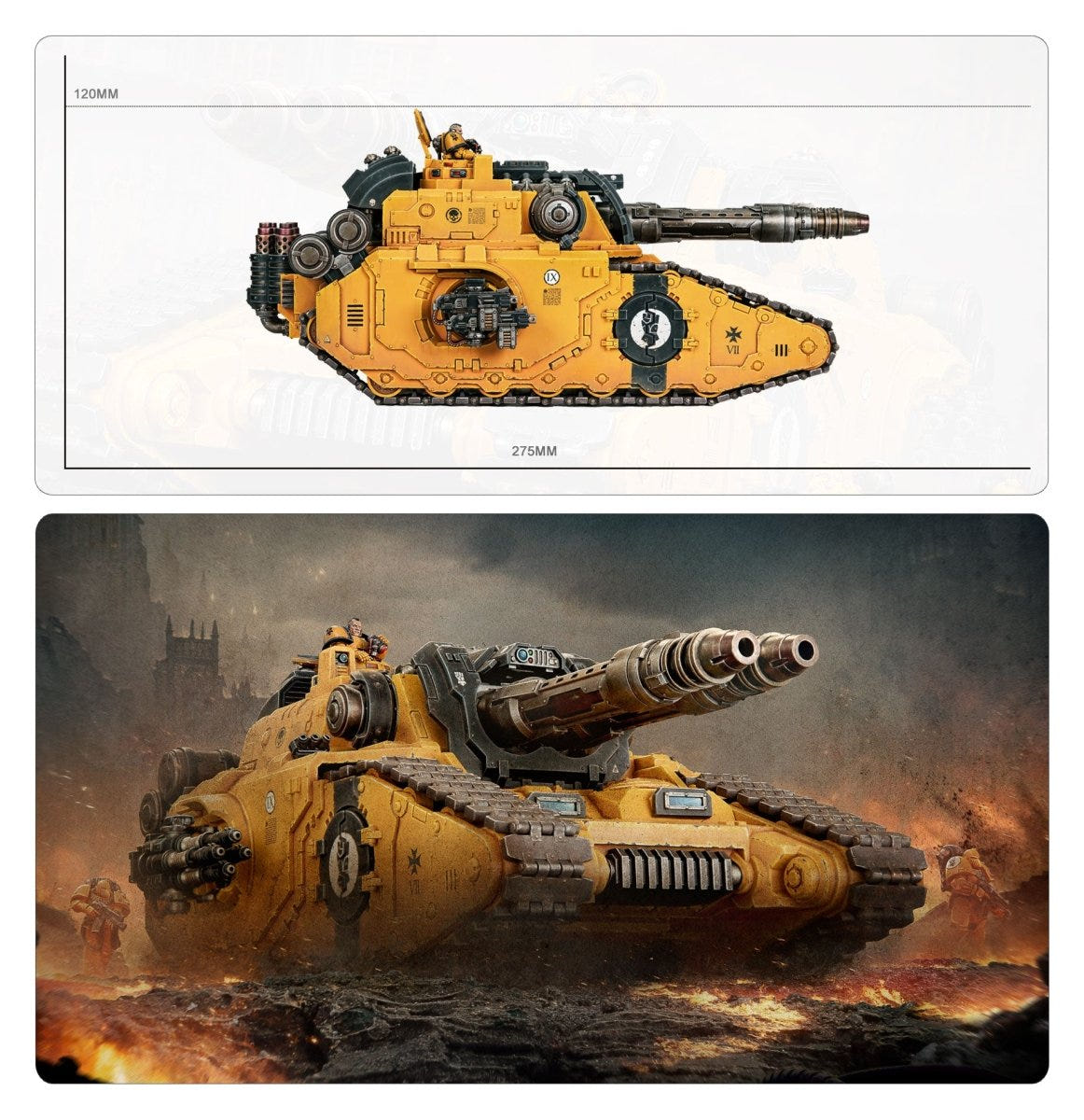 Falchion size guide side profile above a battlefield shot of the tank in action
