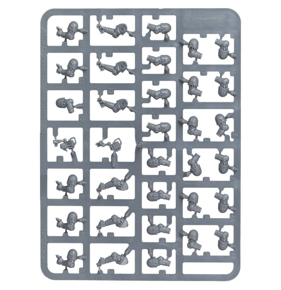 Heavy Weapons Upgrade Set unpainted plastic sprue of arms and augury scanners, frame 2 of 2