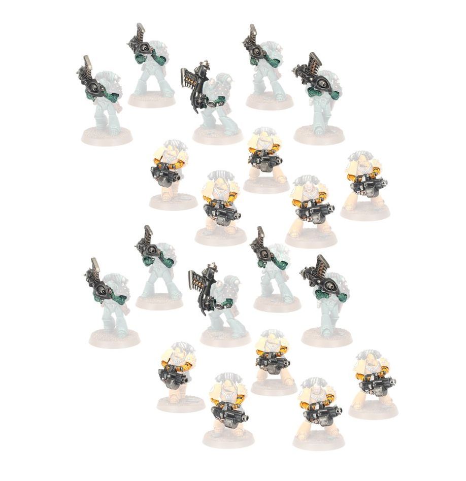 Painted Legiones Astartes Heavy Support Marines armed with missile launchers and heavy bolters