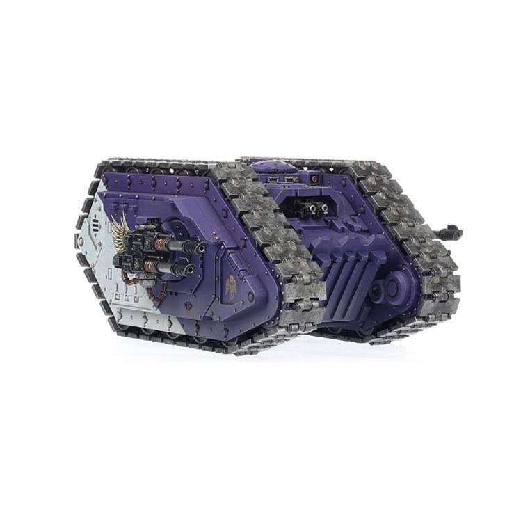 Land Raider Proteus painted in purple and white Legion colours, front three-quarter view