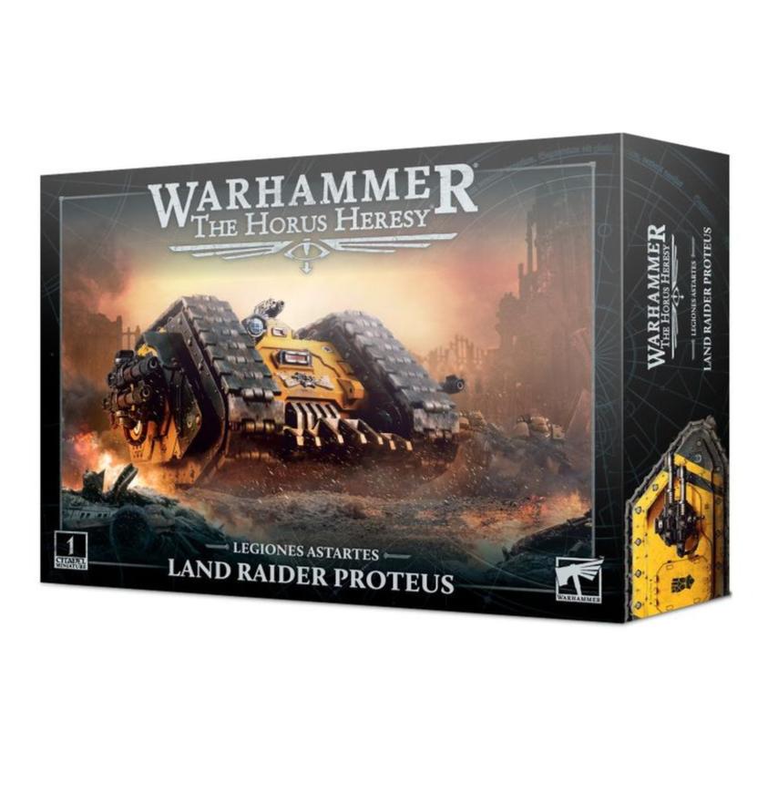 Warhammer: The Horus Heresy Legiones Astartes Land Raider Proteus box front with the tank on a battlefield