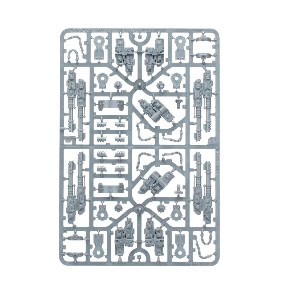 Land Raider Proteus unpainted plastic sprue, frame 4 of 5, with sponson weapon parts