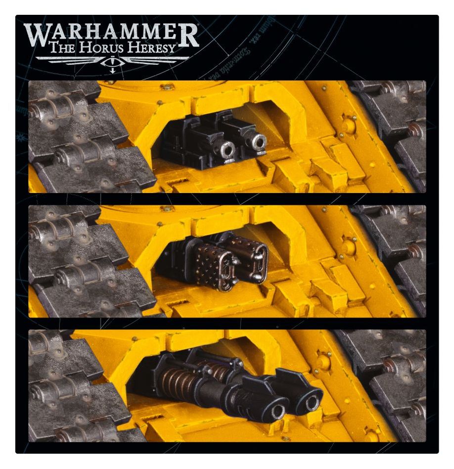 Close-ups of the Land Raider Proteus sponson weapon options on a yellow-painted Horus Heresy tank