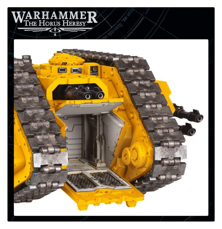 Land Raider Proteus with the front assault ramp lowered, showing the painted troop compartment interior