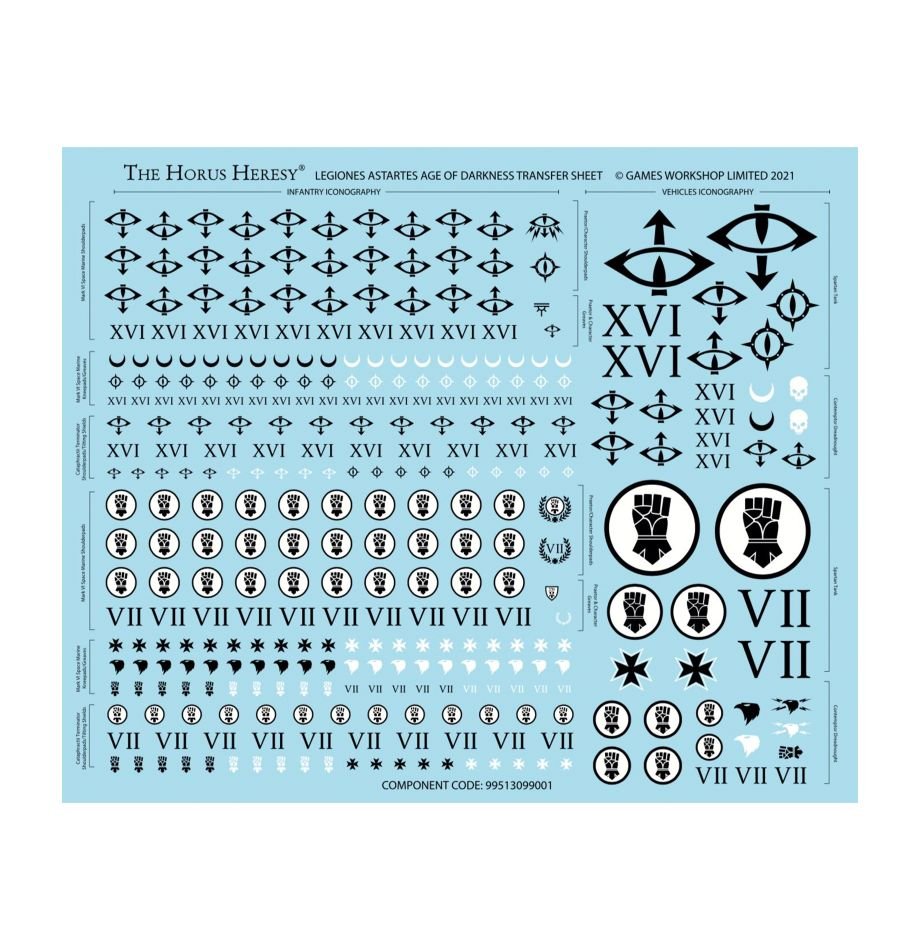 Horus Heresy Legiones Astartes Age of Darkness transfer sheet with legion icons and numerals