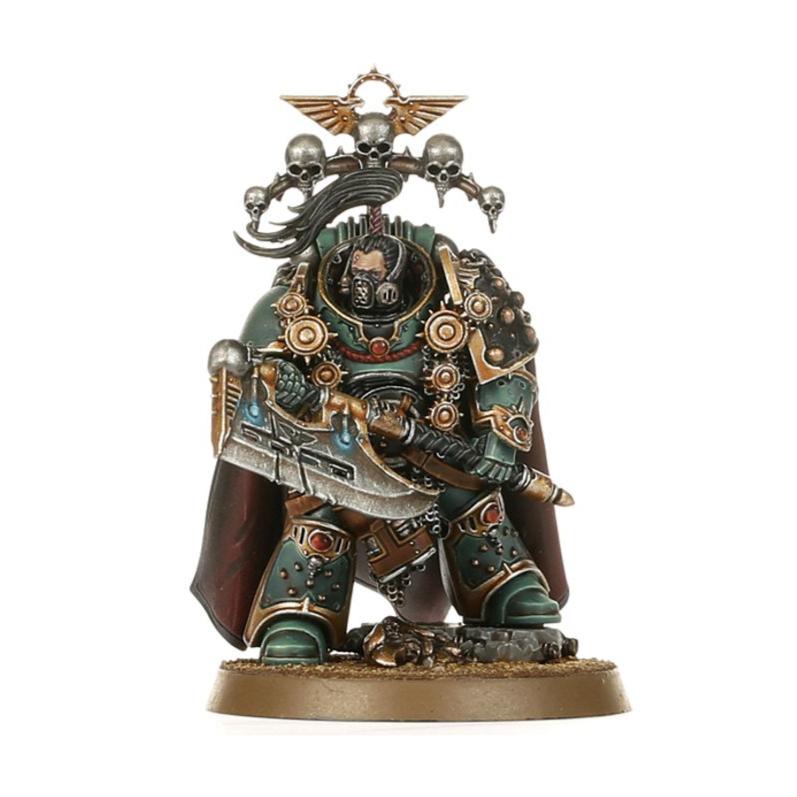 Smaller front view of the painted helmeted Legion Praetor with power axe and trophy rack