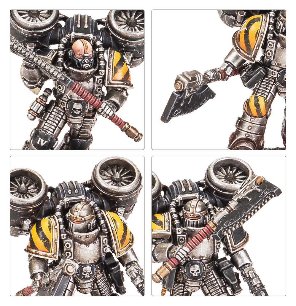 Close-ups of MkII Assault Squad marines showing jump pack turbines, chainaxe and yellow-black shoulder pads