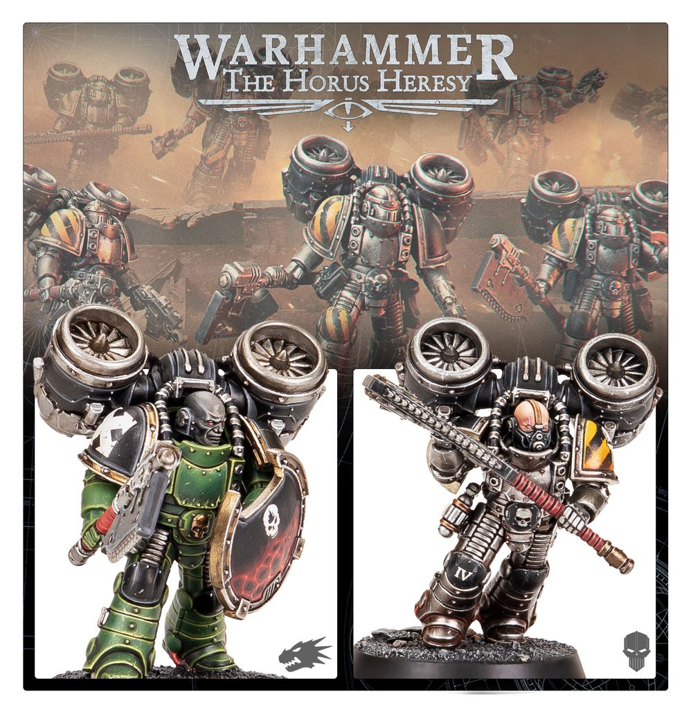 Horus Heresy MkII Assault Squad artwork with painted jump pack marines in green and silver armour schemes