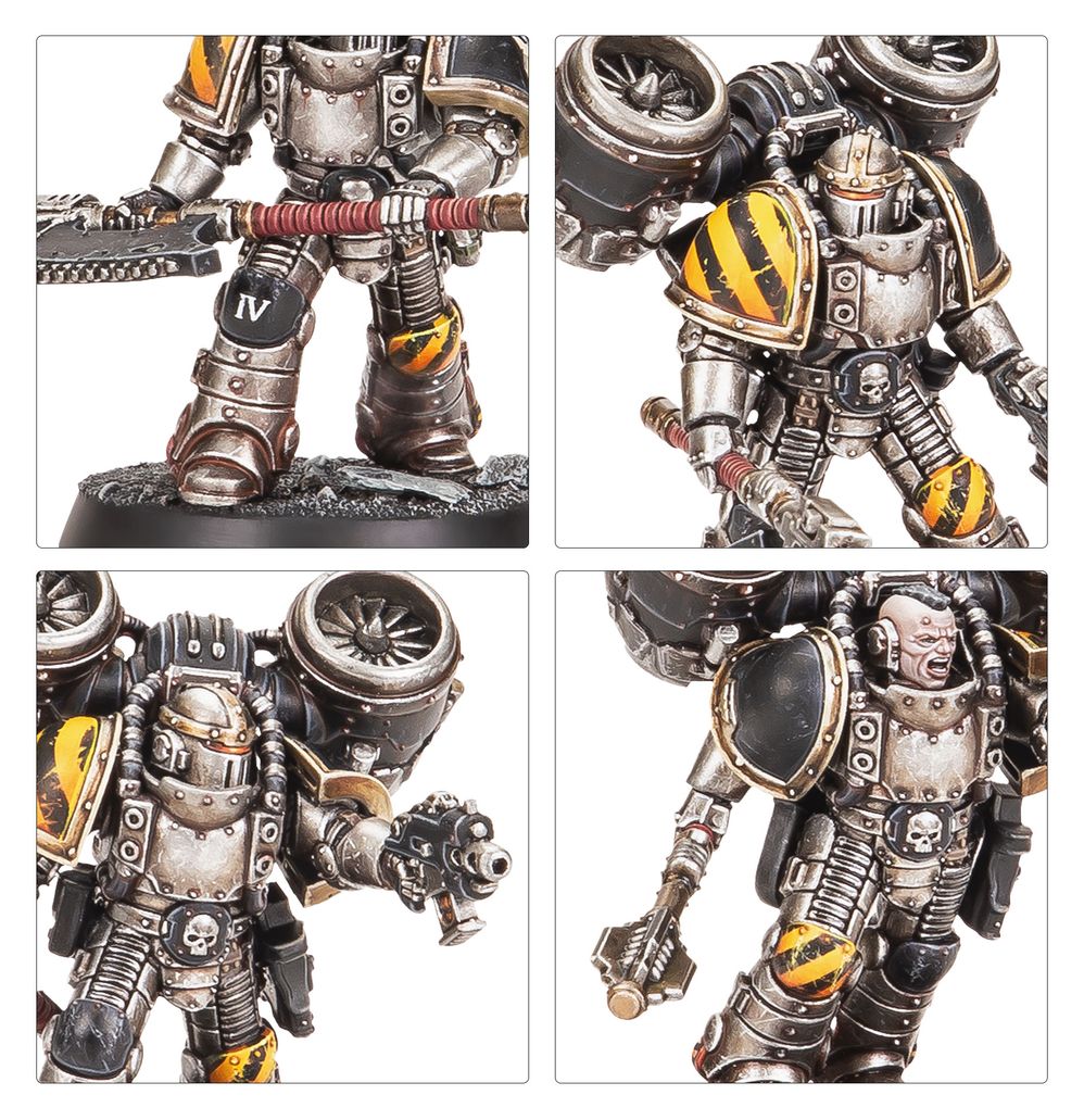 MkII Assault Squad detail shots of a bare-headed sergeant, power fist, pistol and hazard-stripe shoulder pad
