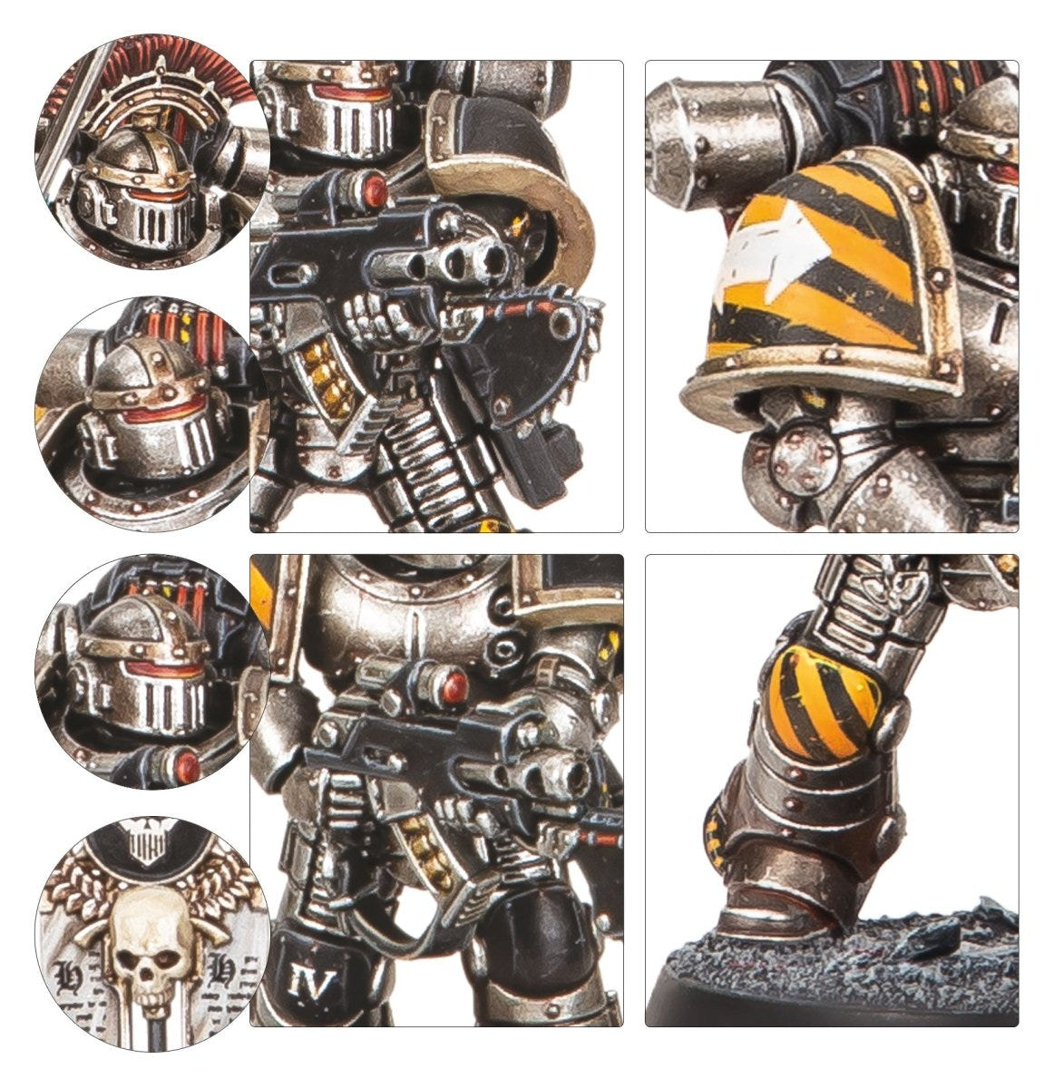Detail shots of MkII Tactical Squad helmet options, bolter and hazard-striped pauldron