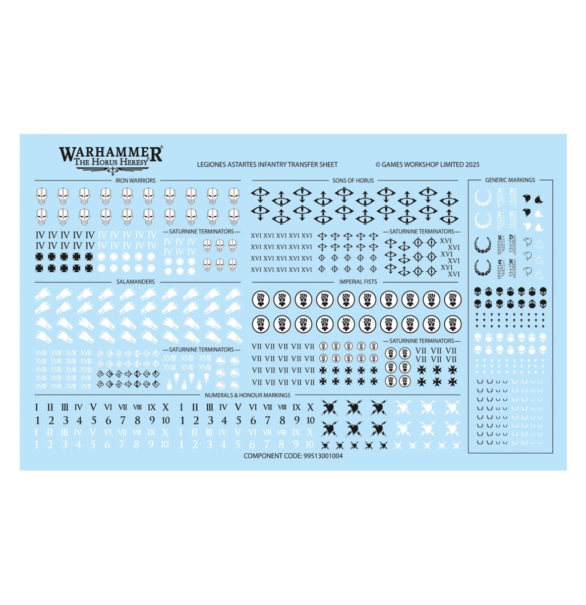 Legiones Astartes infantry transfer sheet with Legion symbols, numerals and markings