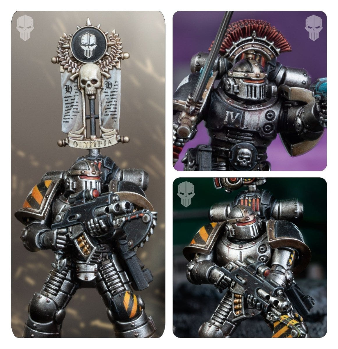 Painted MkII Tactical Squad sergeant with crested helmet, standard and bolter-armed Legionaries