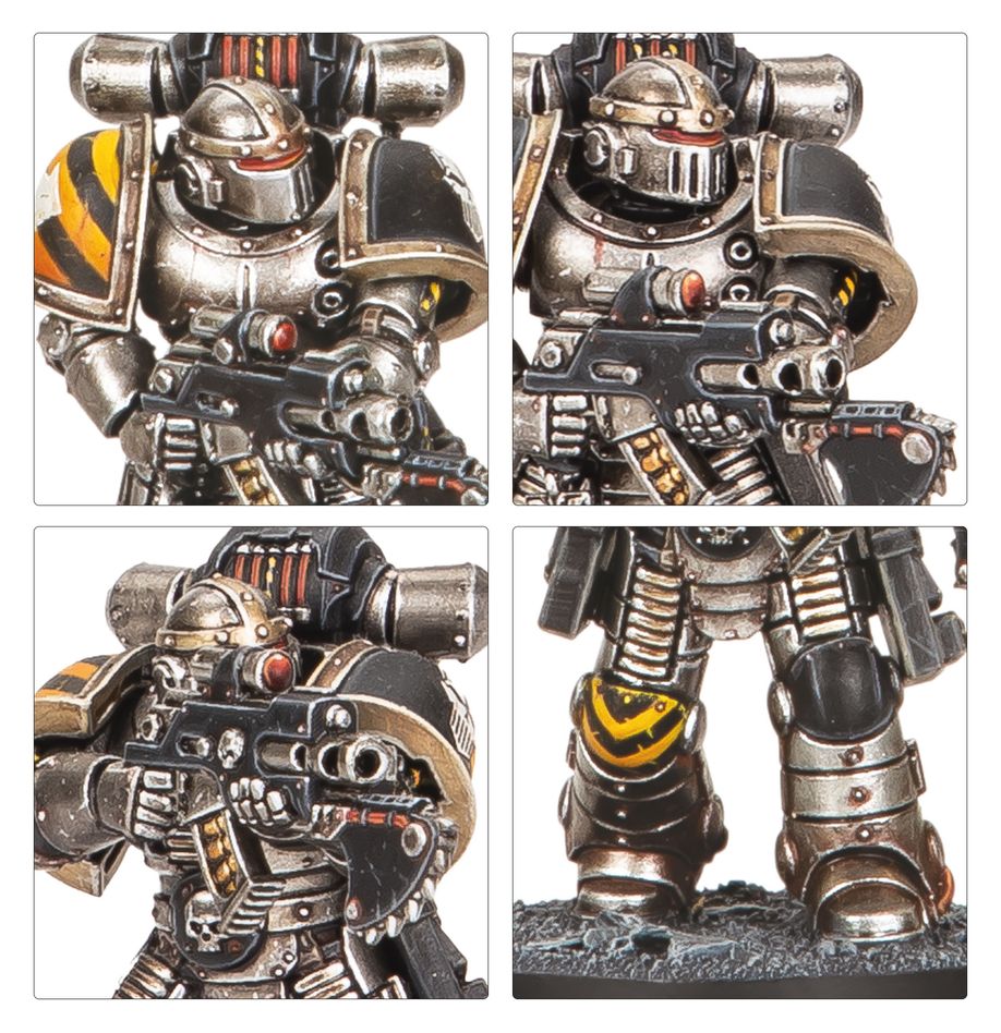 Close-ups of painted MkII Tactical Marines with bolters and hazard-striped shoulder pads