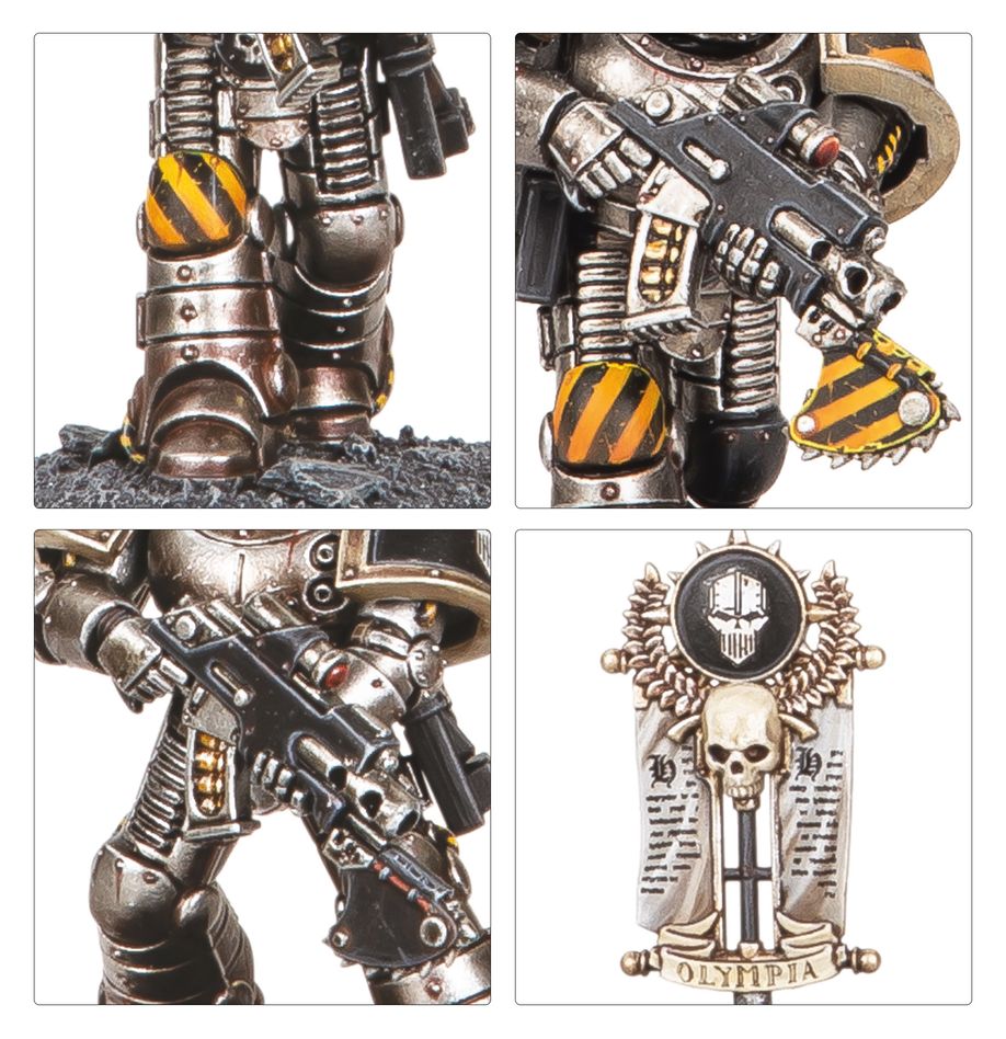 Close-ups of MkII armour legs, bolter, shoulder pad and a skull banner top