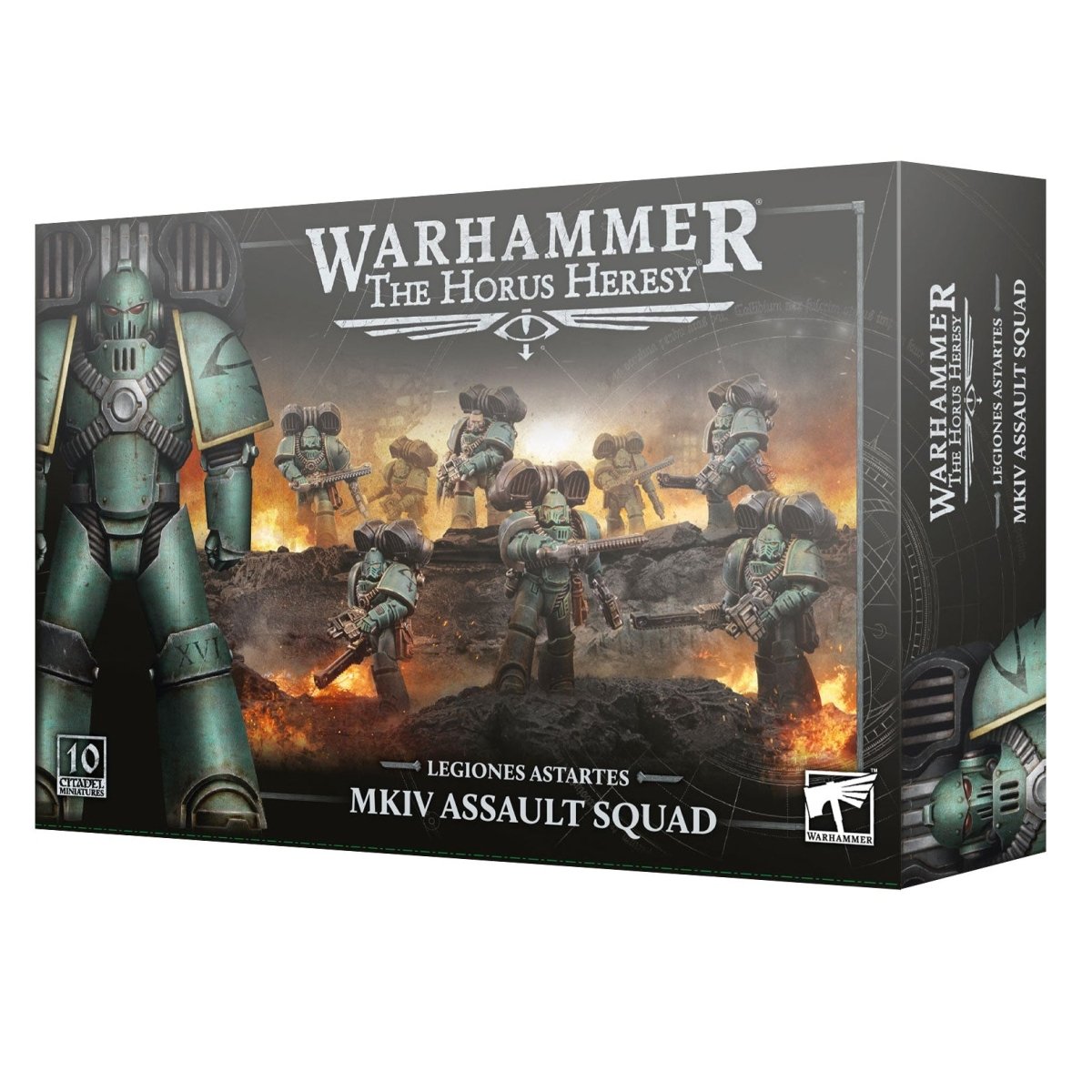 Warhammer 40k The Horus Heresy MKIV Assault Squad box set, featuring a dark green armored space marine on the front cover and a fiery battle scene with space marines on the side panel.