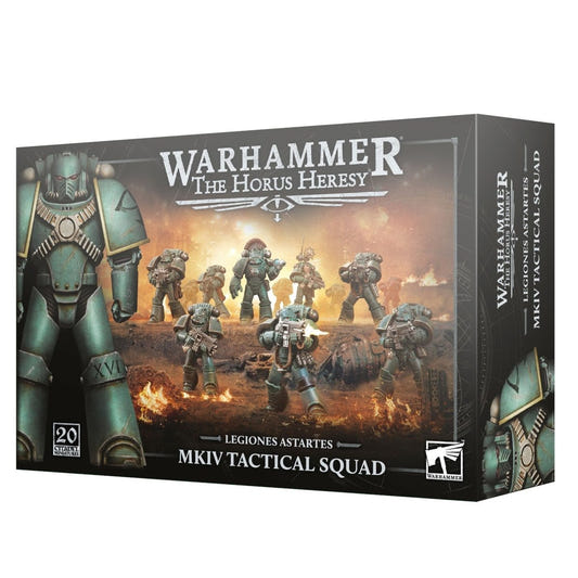 Warhammer 40k The Horus Heresy MKIV Tactical Squad box set, featuring detailed box art of Space Marine soldiers in green armor against a fiery battlefield background.