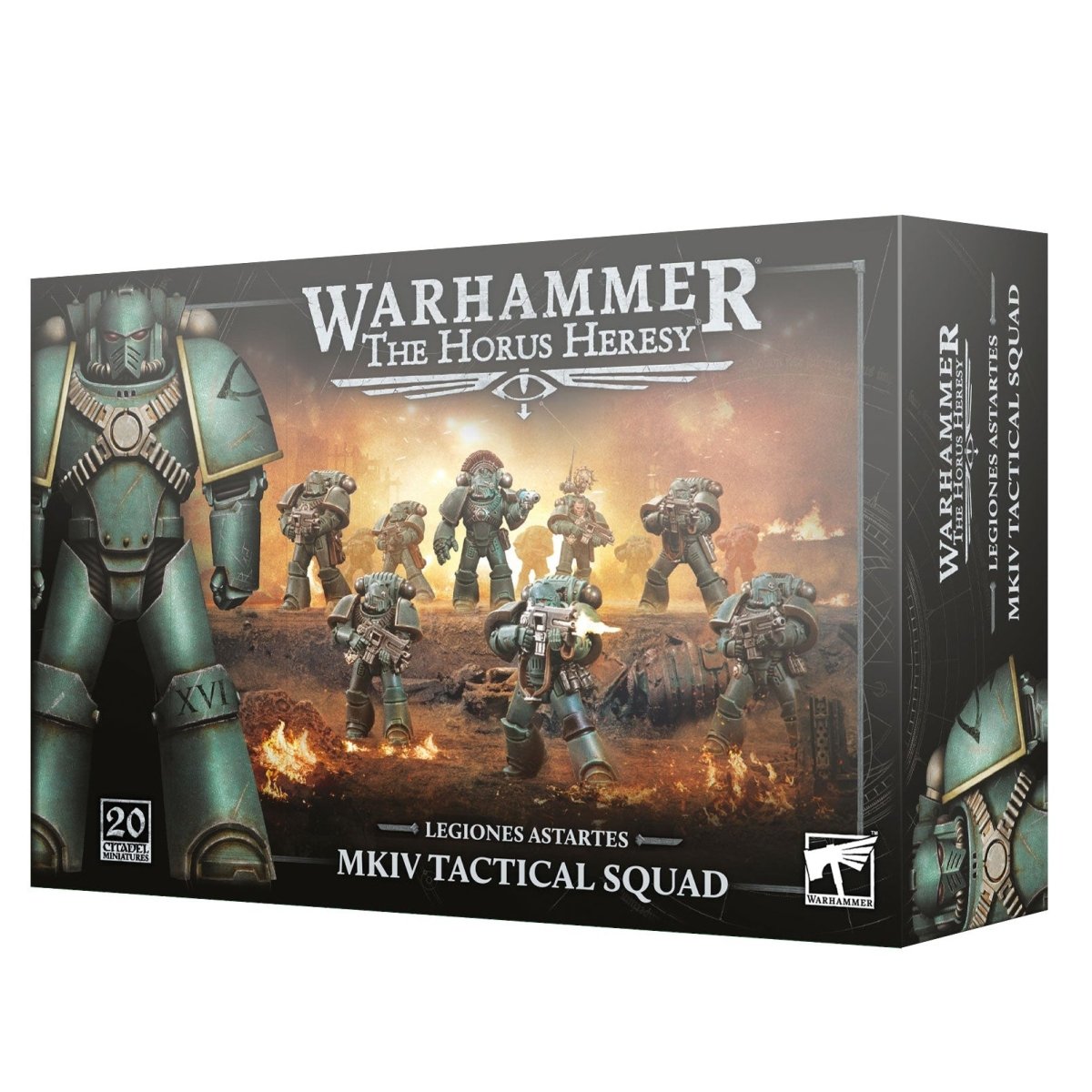 Warhammer 40k The Horus Heresy MKIV Tactical Squad box set, featuring detailed box art of Space Marine soldiers in green armor against a fiery battlefield background.