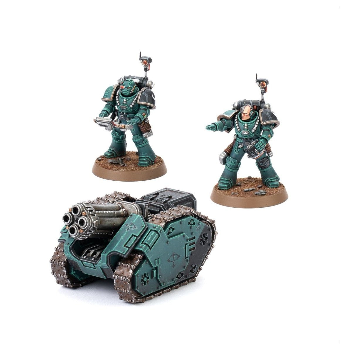 Painted Legiones Astartes Rapier Laser Destroyer carrier with two green-armoured Space Marine crew