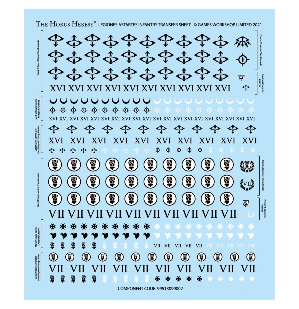Legiones Astartes infantry transfer sheet with legion numerals and symbols, from the Rapier kit
