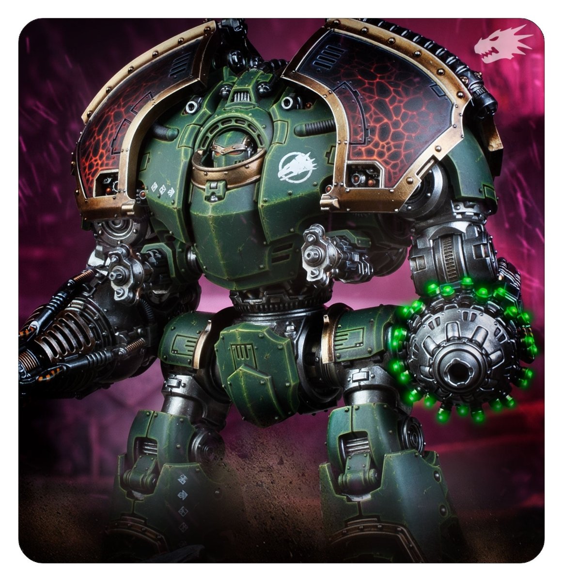 Painted green Saturnine Dreadnought Ophion in a dramatic lit scene with glowing weapon coils