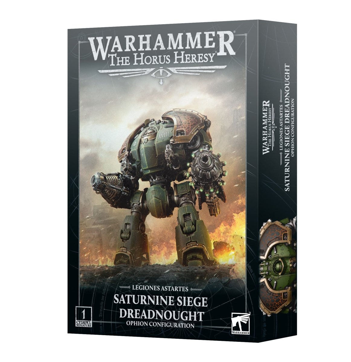 Horus Heresy Legiones Astartes Saturnine Siege Dreadnought Ophion configuration box front, Games Workshop