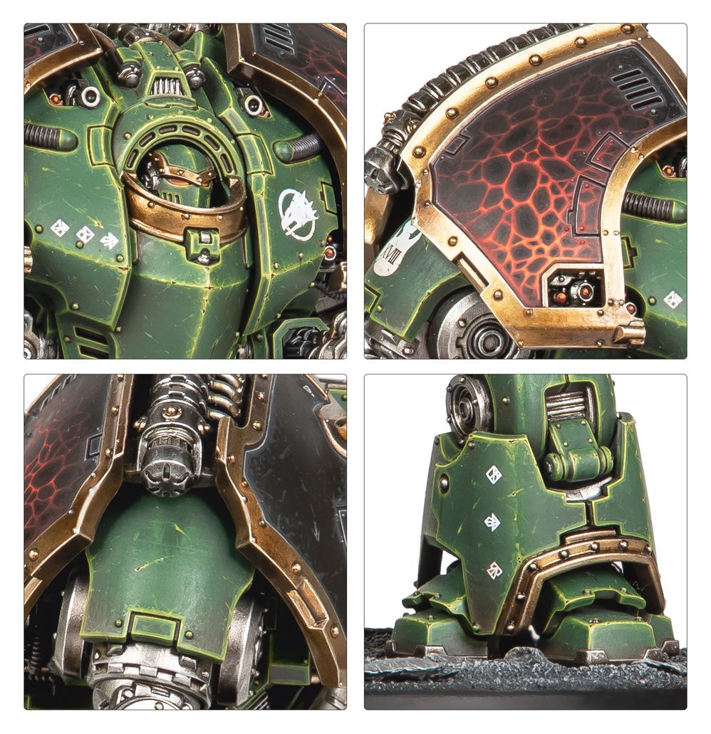 Close-ups of the painted Saturnine Dreadnought's green armour plates, bronze trim and red heat vents