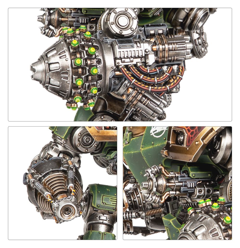 Close-ups of the Saturnine Dreadnought's glowing green weapon arms and gunmetal joints