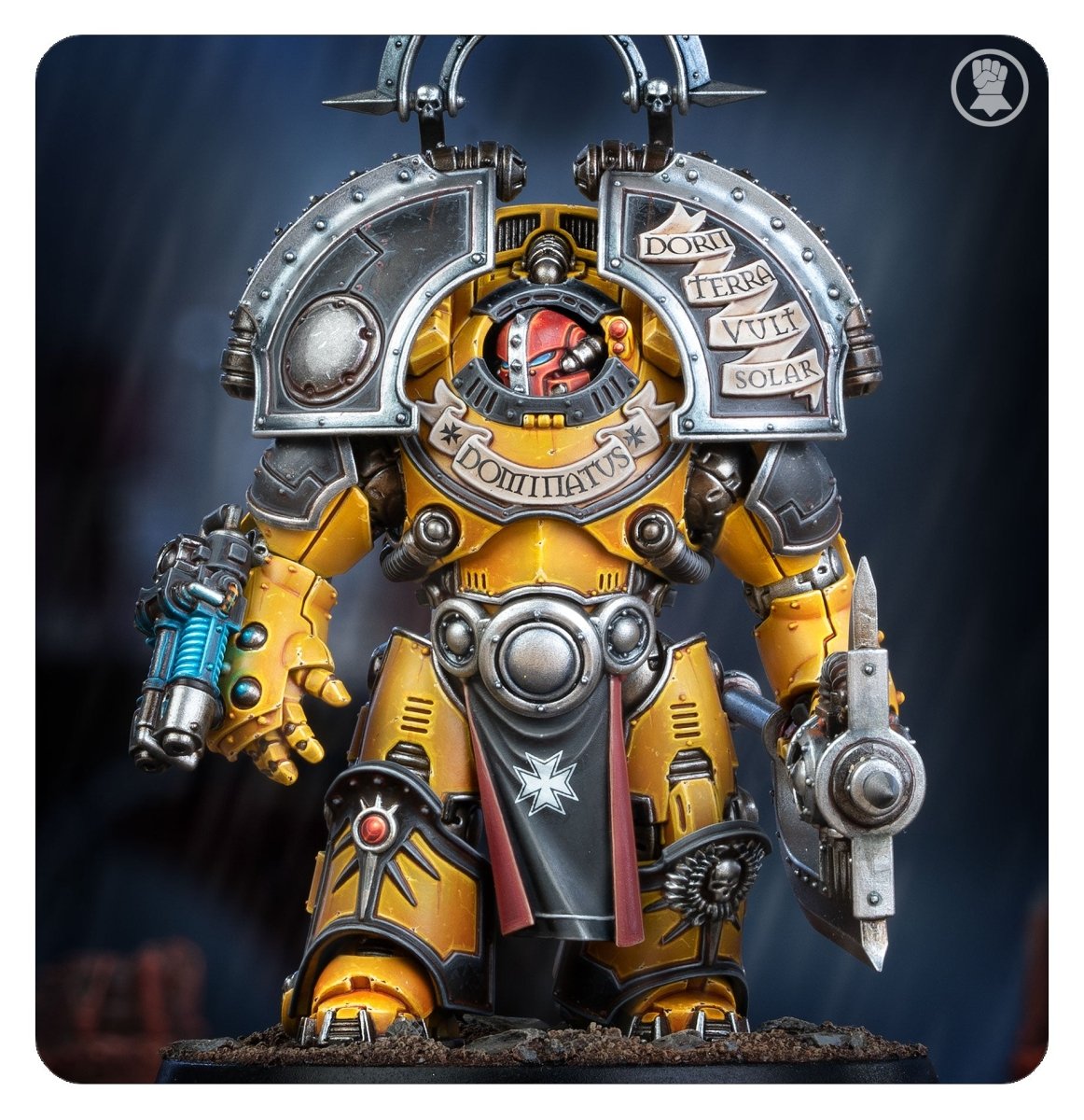 Yellow-armoured Saturnine Praetor painted miniature against a dark backdrop