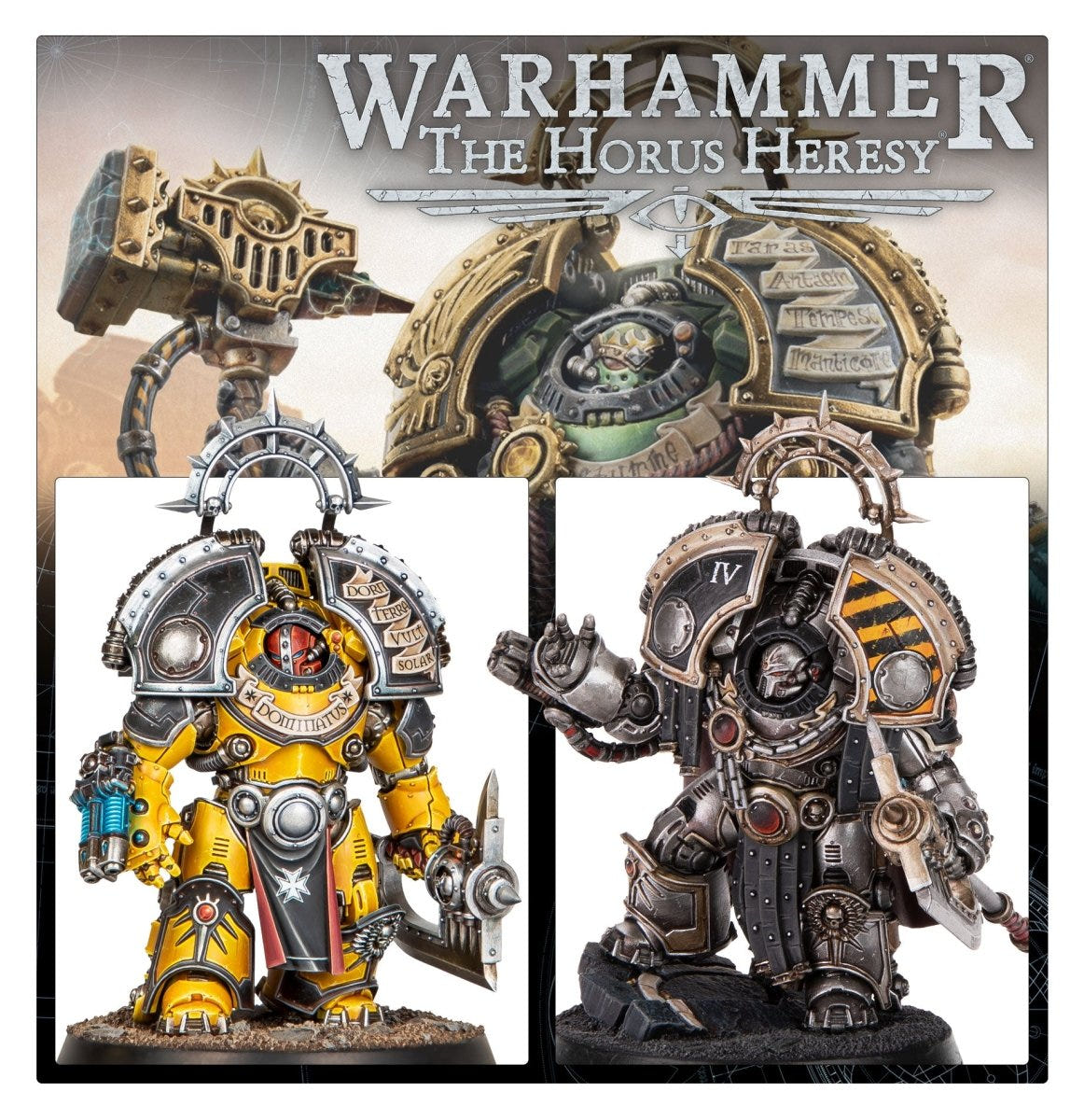 The Horus Heresy Saturnine Praetor banner with yellow and grey painted variants