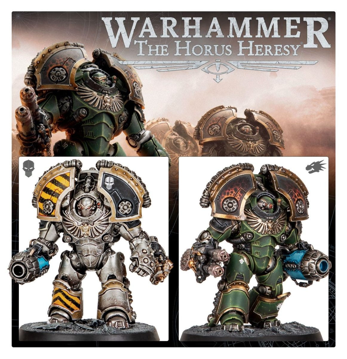 Horus Heresy Saturnine Terminators panel showing painted models in yellow and green schemes