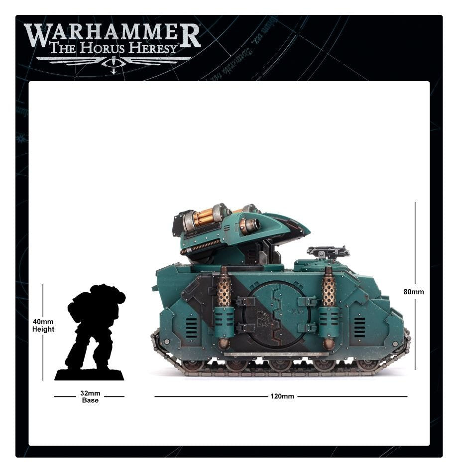 Scorpius missile tank size guide next to a Legion Space Marine silhouette, 120mm long, 80mm tall