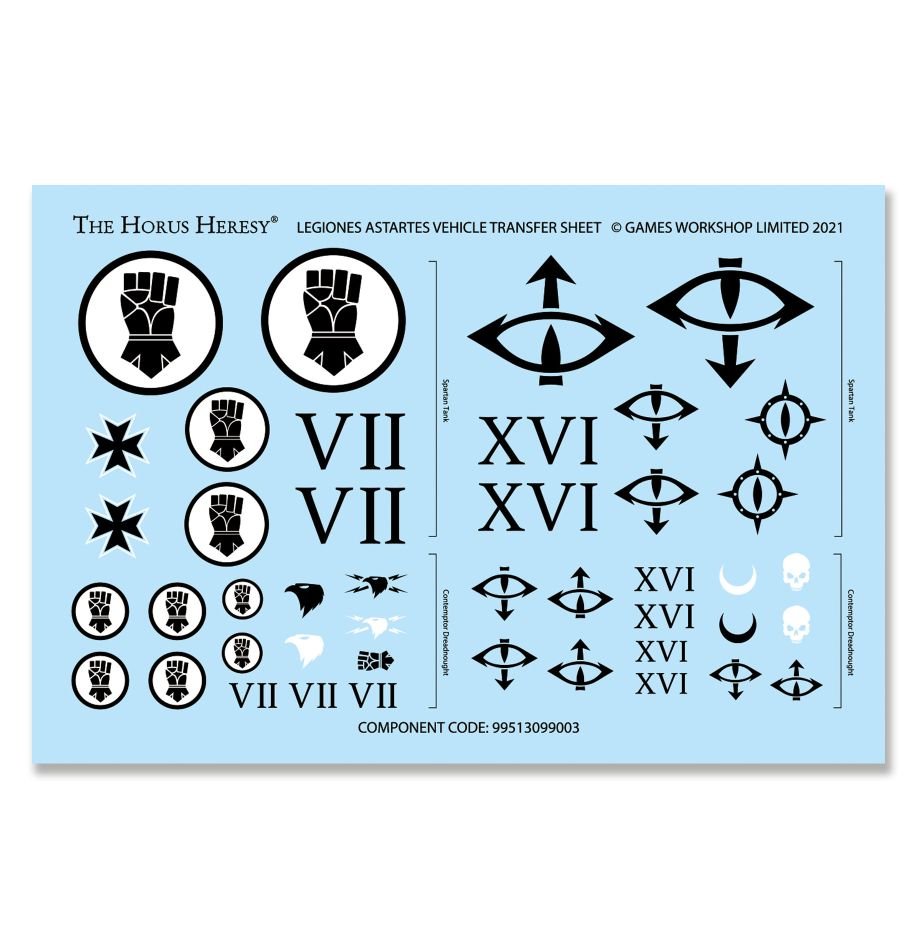 Legiones Astartes vehicle transfer sheet with Imperial Fists and Sons of Horus markings