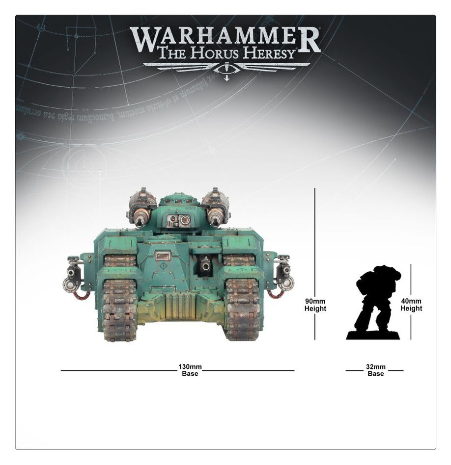 Sicaran Battle Tank size guide, 130mm long beside a Space Marine silhouette
