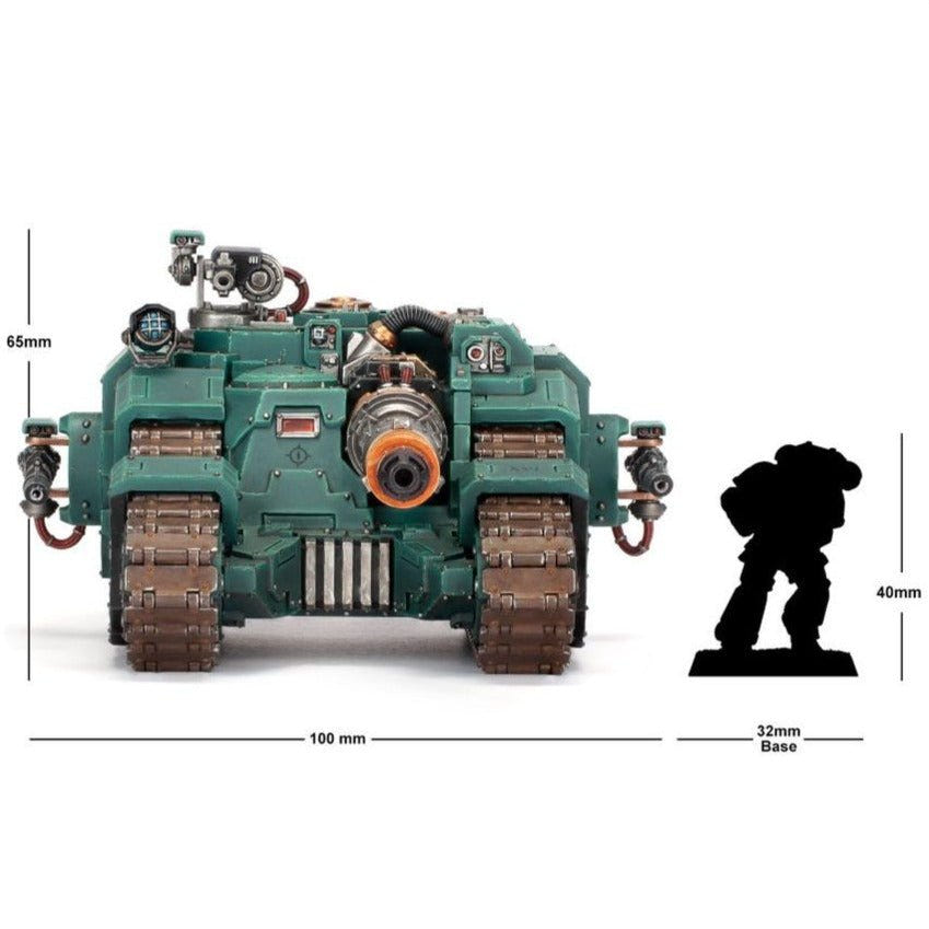 Sicaran Venator size guide: 100mm long and 65mm tall beside a Space Marine on a 32mm base