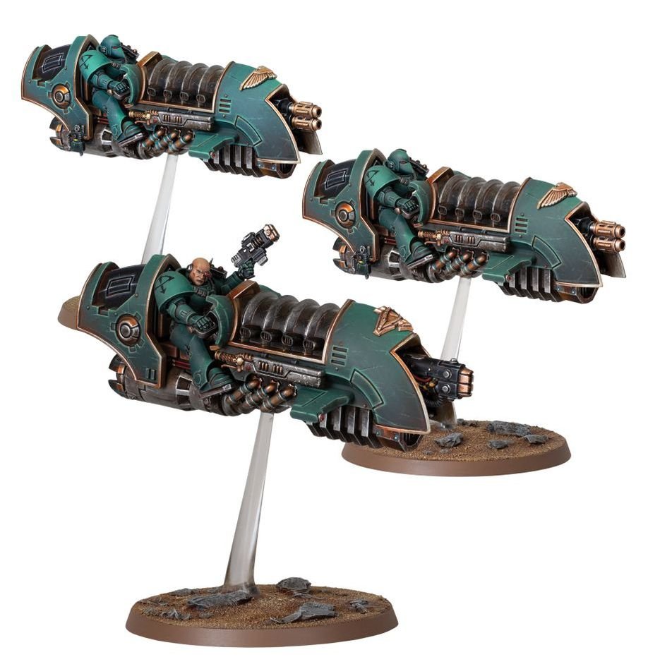 Painted Legiones Astartes Sky-Hunter Squadron of three jetbikes on flying stems