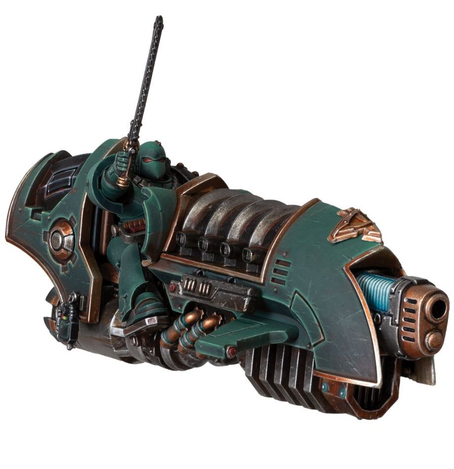Painted Sky-Hunter jetbike with melta weapon and antenna, close front view