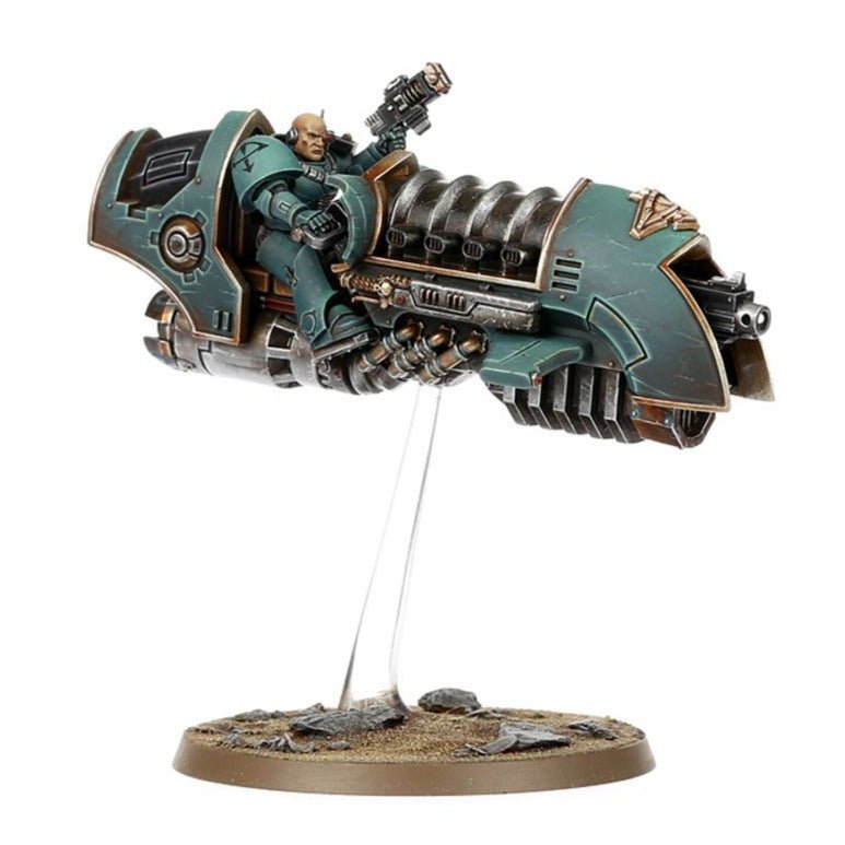 Painted Sky-Hunter jetbike with bareheaded rider and heavy bolter, side view