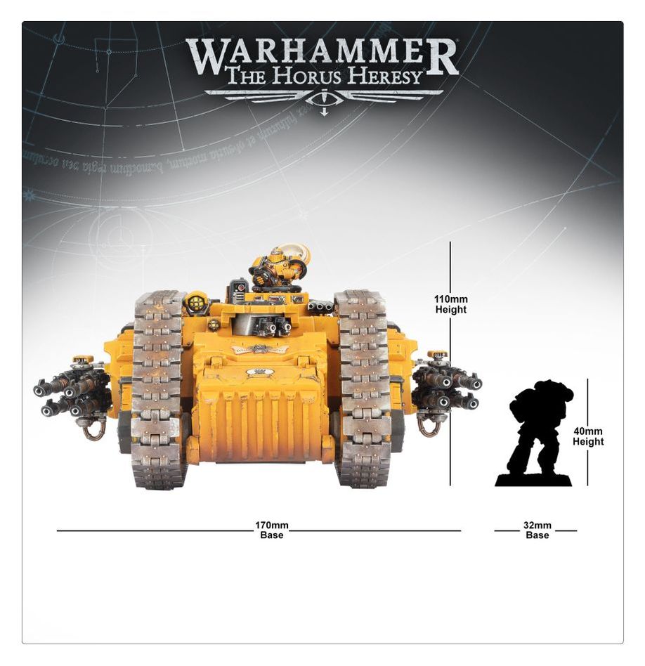 Spartan Assault Tank size guide: 110mm tall and 170mm long beside a Space Marine silhouette