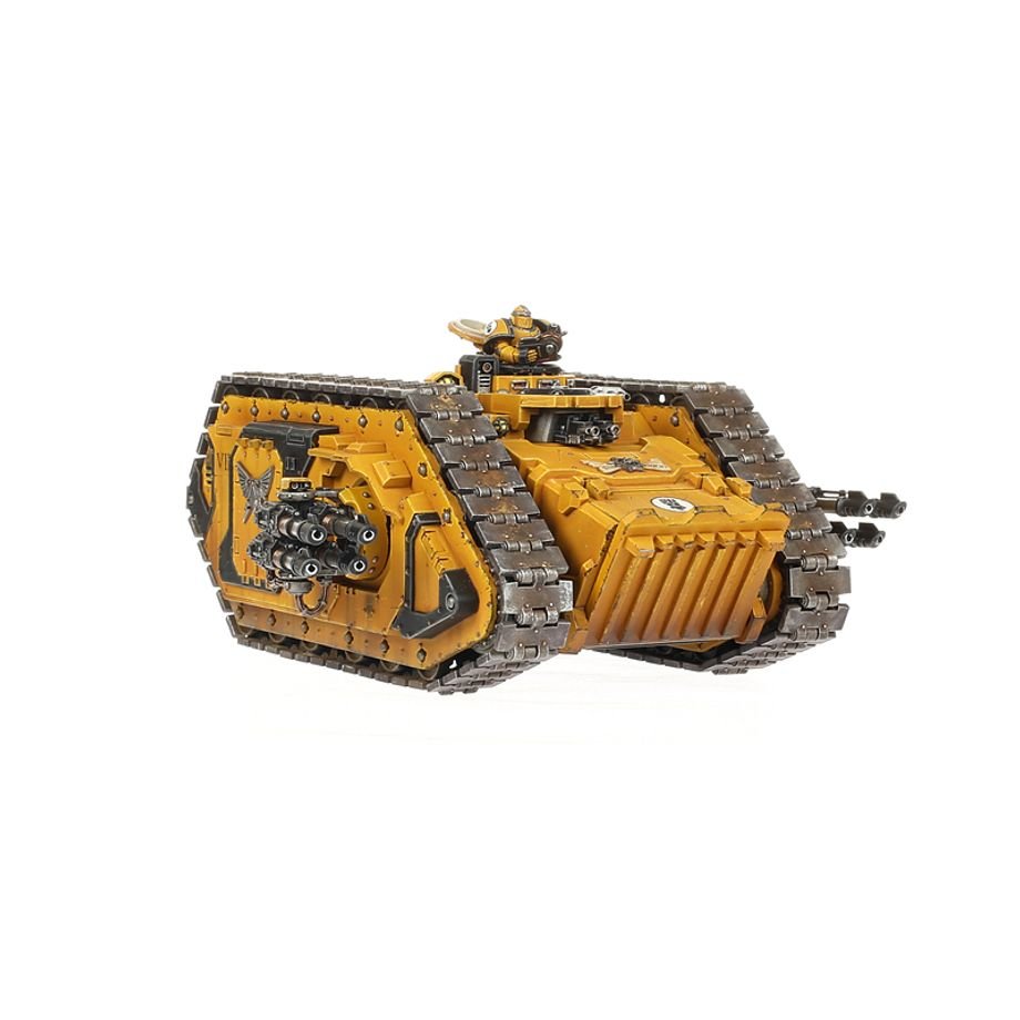 Painted yellow Legiones Astartes Spartan Assault Tank, front three-quarter view with pintle weapon